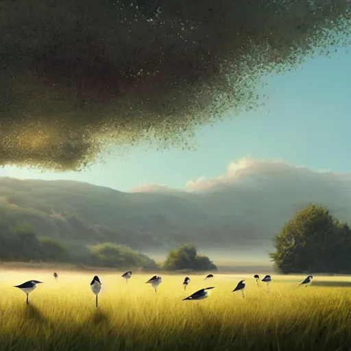 Image similar to flock of spanish swallow birds in avila, green fields, oaks, morning light, spring, 4 k, midday light, concept art, by wlop, ilya kuvshinov, artgerm, krenz cushart, greg rutkowski, pixiv. cinematic dramatic atmosphere, sharp focus, volumetric lighting, cinematic lighting, studio quality