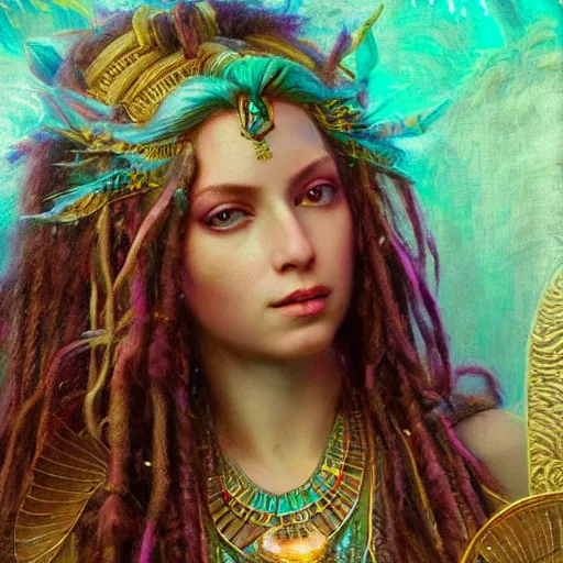 Image similar to octane render, artstation, 8 k, intricate detail, hyper detail, portrait by gaston bussiere, greg rutkowski, sandro botticelli, tan lady of elche egyptian sumerian techno mystic goddess princess intergalactica inanna with aqua neon rapunzel dreadlocks,