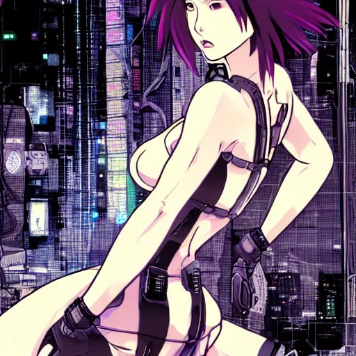 beautiful cyberpunk anime style illustration of motoko