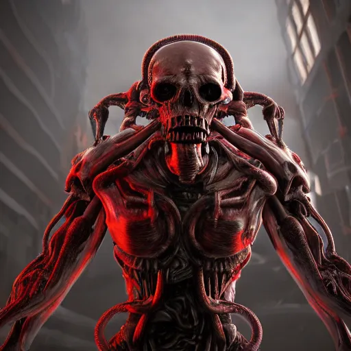 Prompt: a biomechanical horror, half creature half machine, DOOM inspired, realistic octane render