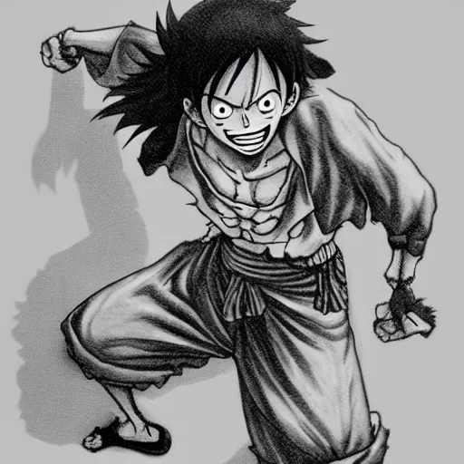 Prompt: Luffy from one piece One Piece, 1997 , artwork by kentaro miura, Kentaro Miura style, Berserk Style, High details, centered full body pose, zenith angle, dramatic lighting, concept, manga, black and white ink style, a lot of details with ink shadows