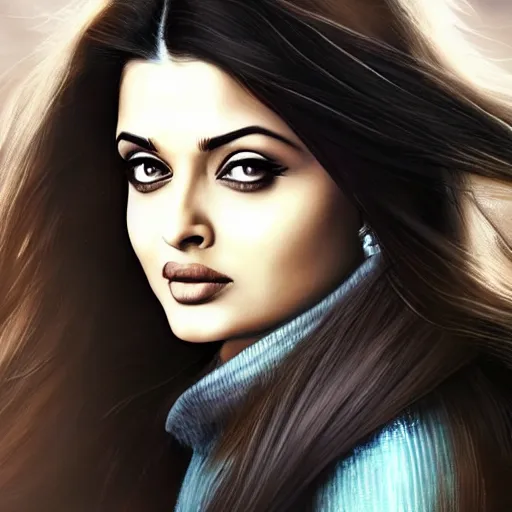 Image similar to portait aishwarya rai bachchan, centred, sadness look, long hair, hd, unreal engine, art painting, final fantasy style, amazing background theme