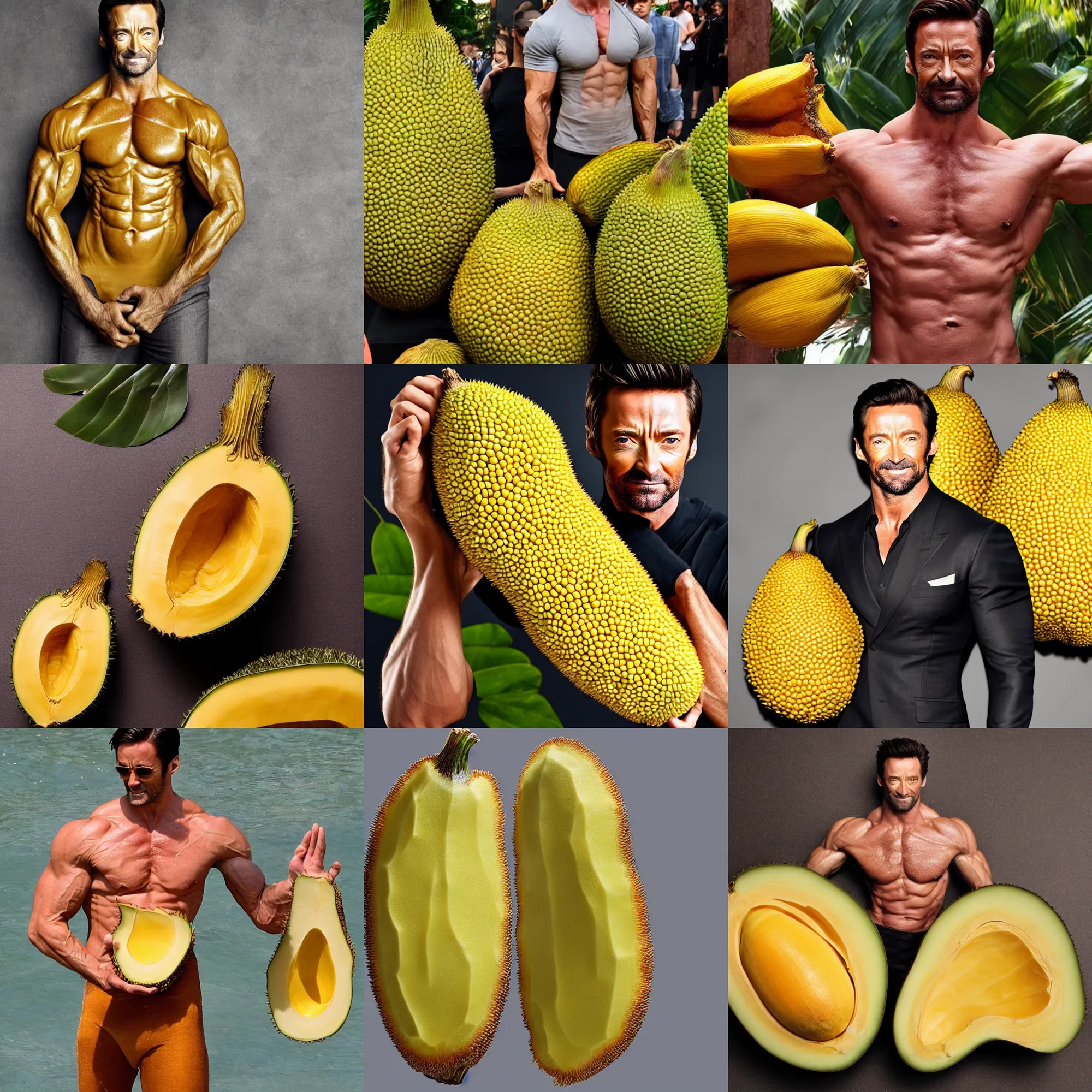 Prompt: body made of jackfruit made of hugh jackman, high detail photo