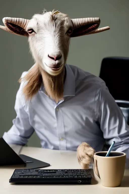 Prompt: anthropomorphic goat that looks like a human, photo, wearing business attire, sitting at a desk with a laptop, realistic, colored studio lighting, professional photography, nikon 5 0 mm f / 1. 8 g, canon