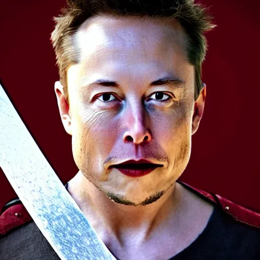 Prompt: photo of elon musk as a musketeer, he has a big black hat with a red feather, he is holding a shiny rapier sword and he is looking straight to the camera, studio lighting