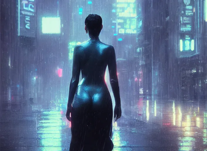 Prompt: holographic female standing in the rainy streets, cyberpunk, blade runner, futuristic, intricate, sharp focus, lens flare, bloom, illustration, highly detailed, digital painting, concept art, matte, art by ruan jia and wlop and greg rutkowski, masterpiece