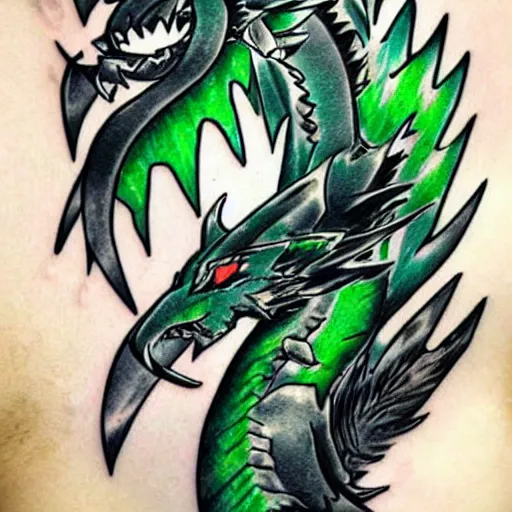 Image similar to simple anime manga full color dragon!! Emerald and obsidian dragon, forearm tattoo, tattoo