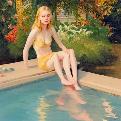 Prompt: Elle Fanning, next to a pool, golden hour, in a garden, artstation, by J. C. Leyendecker and Peter Paul Rubens,