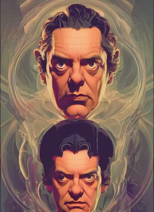 Image similar to poster artwork by Michael Whelan and Tomer Hanuka, Karol Bak of portrait of Stanley Kubrick film director, from scene from Twin Peaks, clean