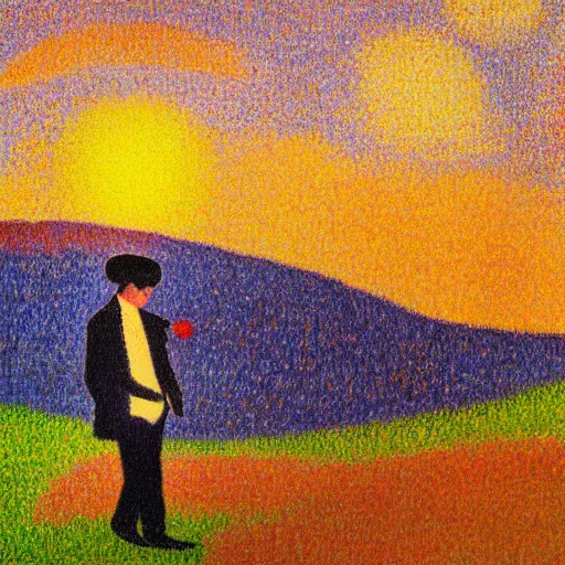 Prompt: a french man standing on a pink mountain top and handing a flower, georges seurat style, sunset light, colourfull photo.