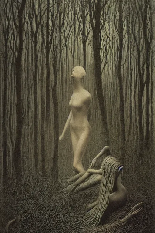 Prompt: zdzisław beksinski painting. a witch in the woods