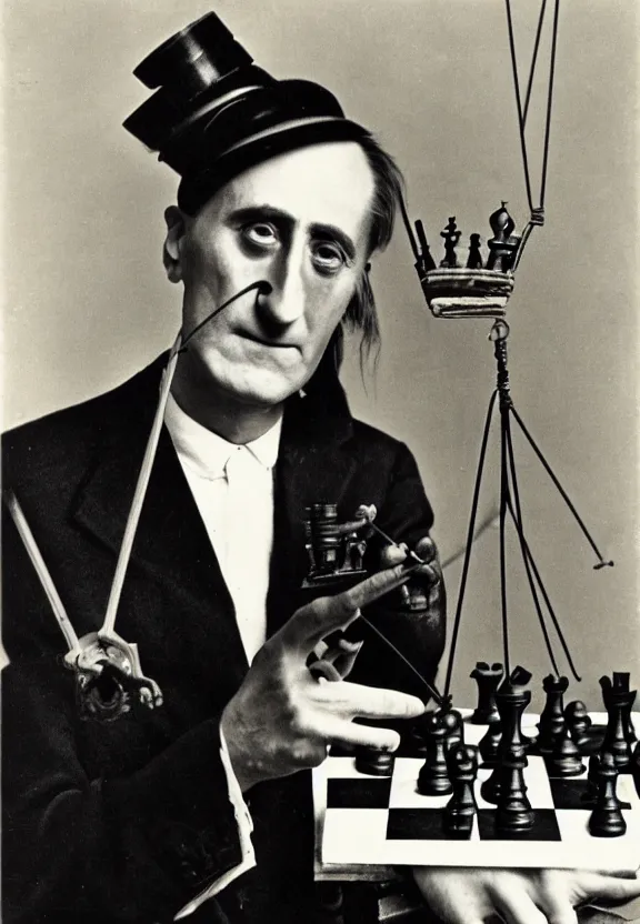 Image similar to marcel duchamp holding up a chess - piece wire - machine, a surrealist painting by marcel duchamp, complex artificial - intelligence machinery, flickr contest winner, studio portrait, 1 9 2 0 s