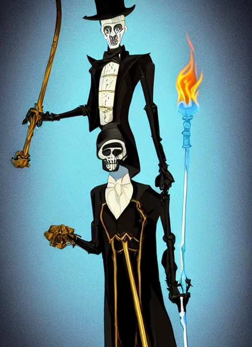 Prompt: DND character concept, Tall skeletal figure, wearing a deep black suit!!! and tie and top hat, holding a golden cane. Surrounded by light blue!!! flames!!