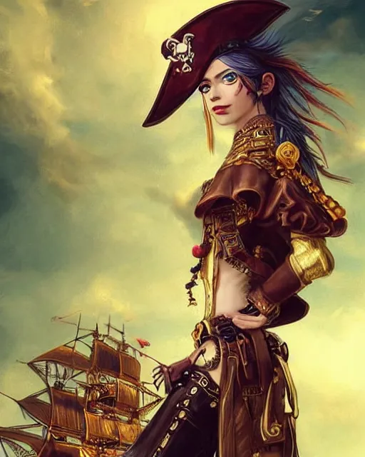 Image similar to a beautiful 2D illustration of a young female steampunk pirate wearing leather armor on gold and red trimmings on green, very cool pose, pirate ship with an epic sky background, slightly smiling, by Charlie Bowater Annie Leibovitz, zhuoxin ye, cinematic lighting and composition, fantasy painting, very detailed, ornate, trending on artstation and pinterest, deviantart, google images