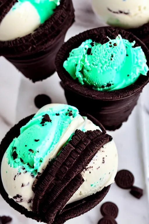 Prompt: refreshing white mint icecream with bits of oreo cookies inside, chocolate mint icecream