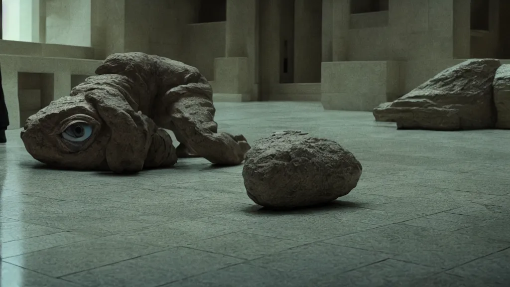 Prompt: the strange creature in line at the bank, made of stone and water, film still from the movie directed by Denis Villeneuve with art direction by Salvador Dalí, wide lens