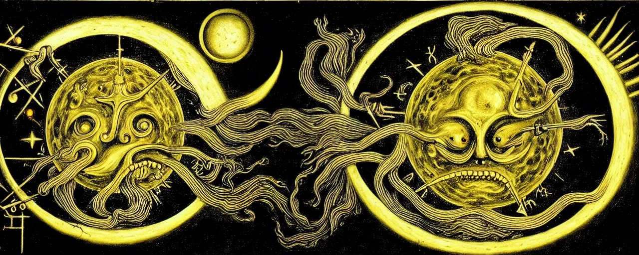 Prompt: a strange alchemical creature with a mouth of gold radiates a unique canto'as above so below'to the moon, while being ignited by the spirit of haeckel and robert fludd, breakthrough is iminent, glory be to the magic within, in honor of saturn, painted by ronny khalil