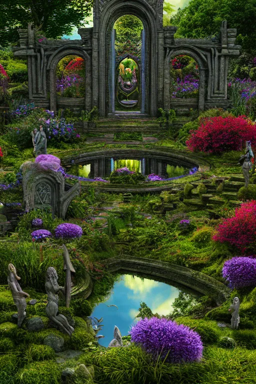 Prompt: photography of a hyper realistic lost celtic elven temple in a magical fantasy garden, mirroring water, colorful flowers, epic scale, insanely complex, hyperdetailed, sharp focus, hyper realism, artstation, cgsociety, 8 k, bright colors, by takato yamamoto, unreal engine 5