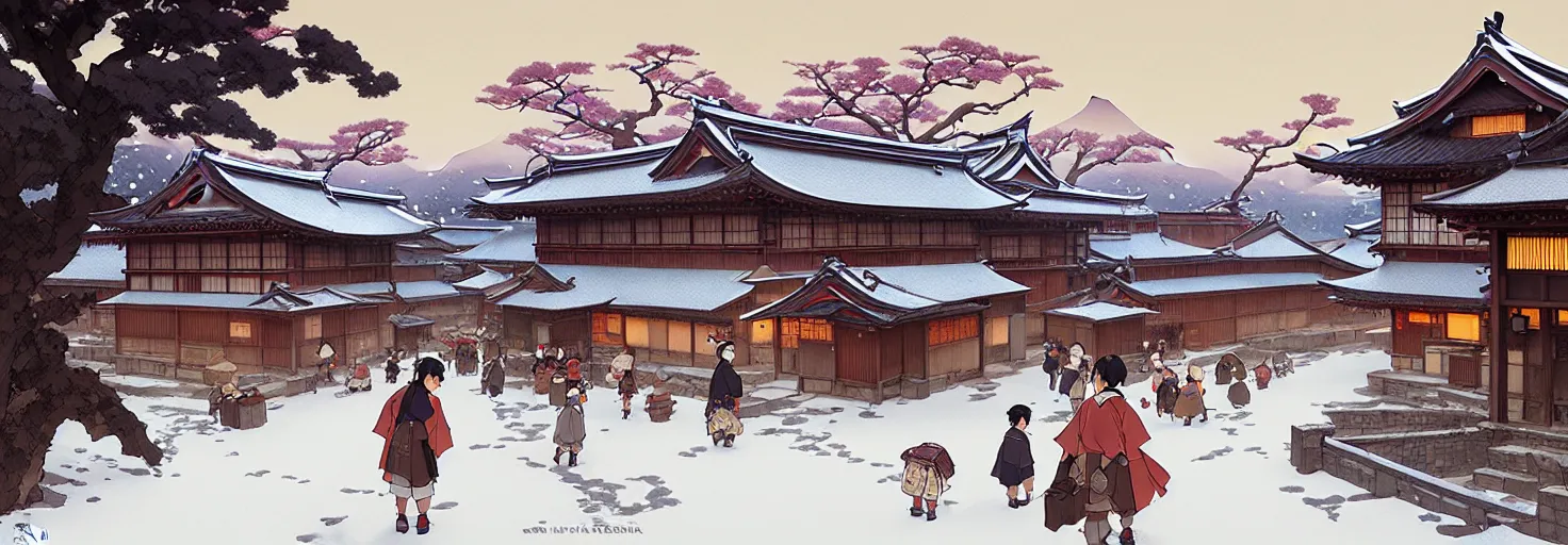 Image similar to japanese rural town, winter, in the style of studio ghibli, j. c. leyendecker, greg rutkowski, artem