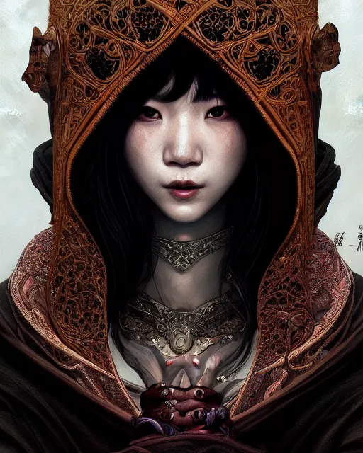Prompt: Portrait of a female thief, korean face features, wearing hood, dark fantasy, intricate, elegant, highly detailed, digital painting, artstation, concept art, smooth, sharp focus, illustration, art by Sam Youn and Fernanda Suarez and Artem Demura and alphonse mucha