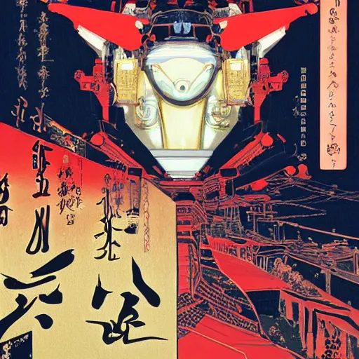 Image similar to the fullmetal wired neon friendly robot orion crosses the infinite series of tori gates between reality and simulation at fushimi inari taisha, hanafuda oil on canvas by dave mckean, ivan shishkin, james jean and yoji shinkawa