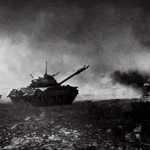 Image similar to photo of a large tank battle in WW1 cinematic framing