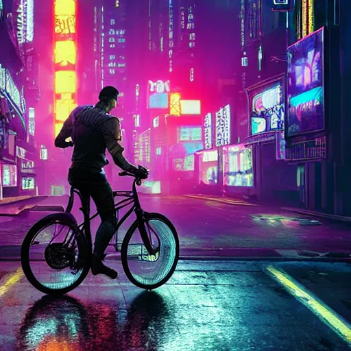 Image similar to high quality 3 d render cyberpunk very guy standing on a bicycle highly detailed, unreal engine cinematic smooth, in the style of blade runner & detective pikachu, hannah yata charlie immer, purple light, low angle, uhd 8 k, sharp focus