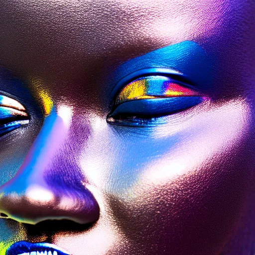 Prompt: portrait of metallic face, african woman, iridescent color reflections, proud looking, outdoor, blue sky, 8 k, realistic, depth of field, highly detailed, art photography