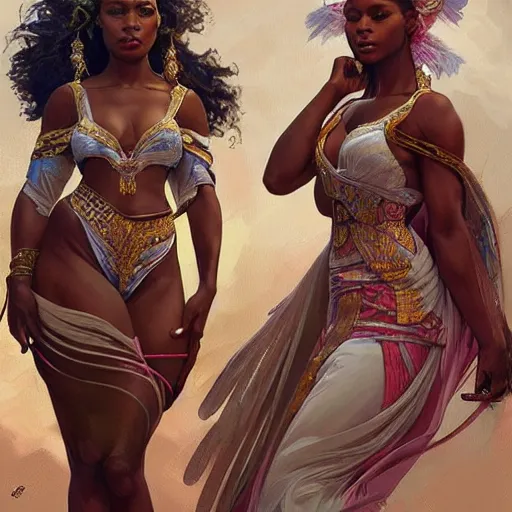 Image similar to three!! beautiful Zulu goddesses, intricate, elegant, highly detailed, digital painting, artstation, concept art, smooth, sharp, focus, illustration, art by artgerm and greg rutkowski and alphonse mucha