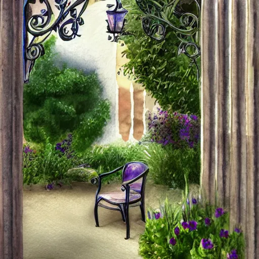 Prompt: delicate, mage enchanting chair, garden, paved, botanic watercolors, iridescent, 8 k, realistic shaded, fine details, artstation, italian, iron gate, tree, mediterranean