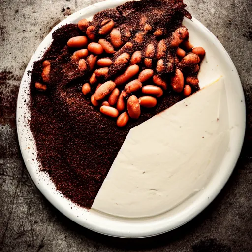 Prompt: cheesecake made of baked beans and dirt on a plate, dslr, food photography, f3.5