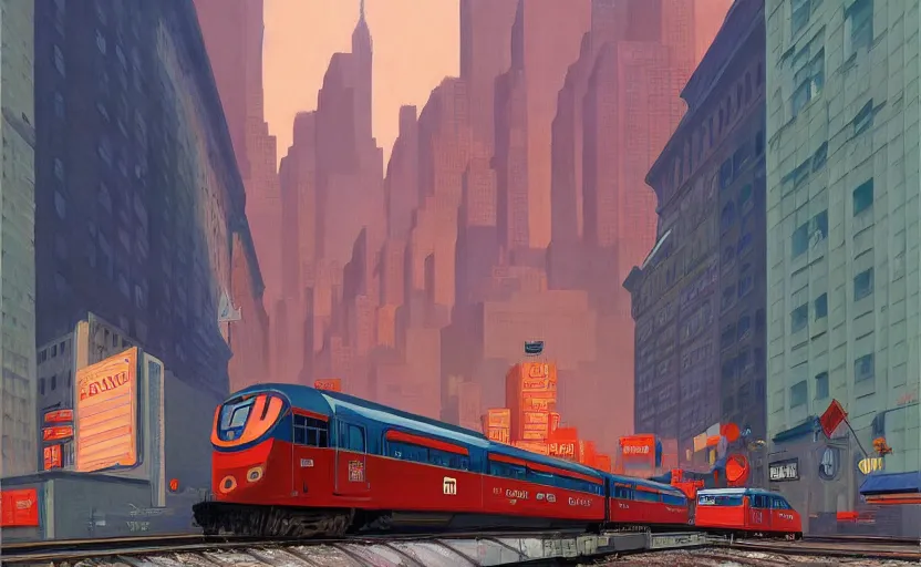 Image similar to A big train moving in the middle of new york city, very coherent, painted by Edward Hopper, Wayne Barlowe, painted by James Gilleard, airbrush, art by JamesJean