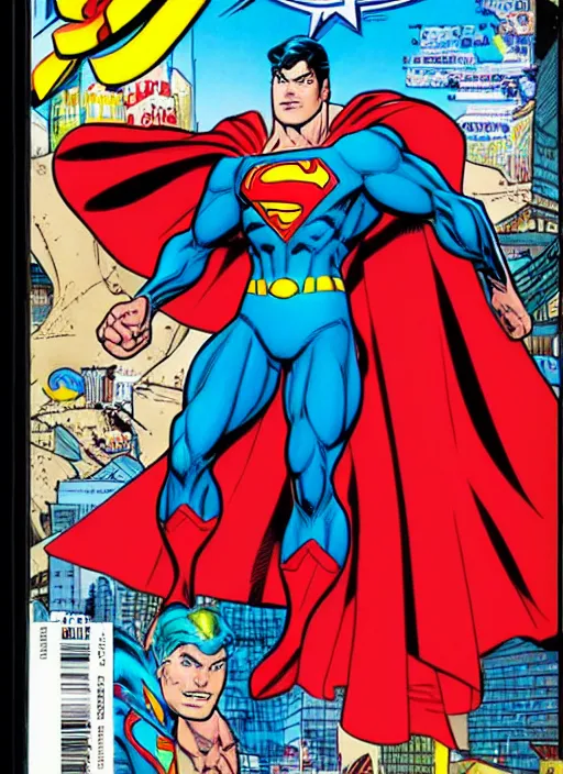 Image similar to 1 9 9 8 issue of jla cover depicting superman by ed mcguinness, masterpiece ink illustration,