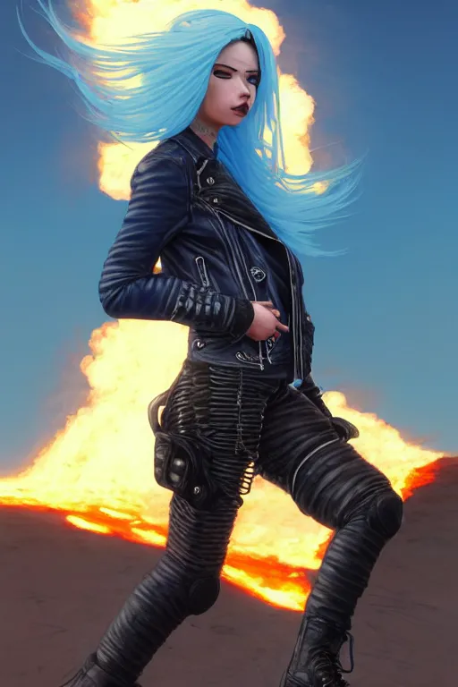 Prompt: a ultradetailed beautiful panting of post apocalyptic woman biker with helmet. blue hair. opened leather jacket, pretty face, high detailed face, in front of burning desert, anatomically correct, by ilya kuvshinov, greg rutkowski and makoto shinkai, trending on artstation