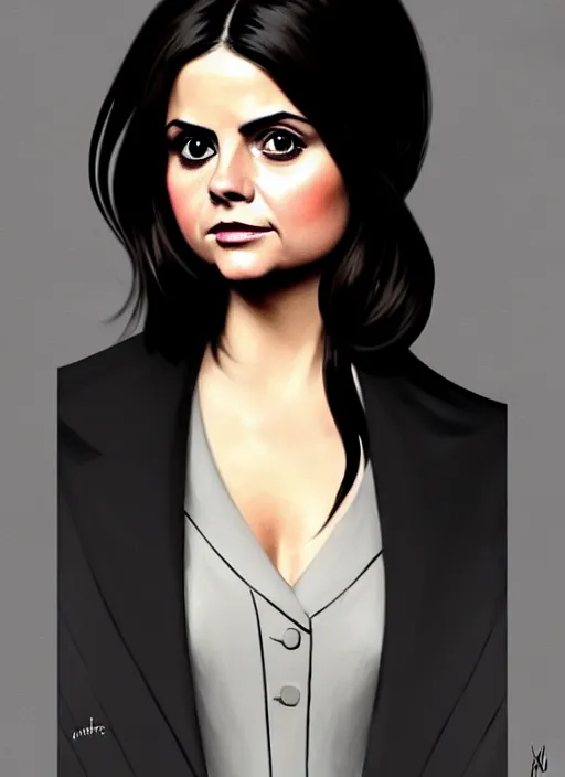 Image similar to 3/4 portrait of Jenna-Louise Coleman wearing a sleek black modern overcoat, art nouveau, D&D, fantasy, elegant, highly detailed, digital painting, artstation, concept art, matte, sharp focus, illustration, art by Artgerm and Greg Rutkowski and WLOP