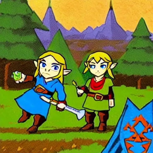 Image similar to the legend of Zelda in the style of American gothic