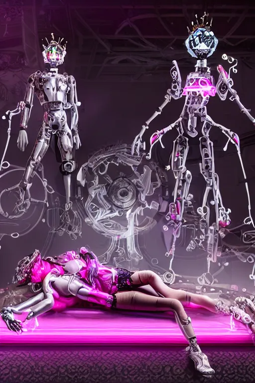 Image similar to full-body rococo and cyberpunk style neon statue of a young attractive futbolero macho dotado e rico android sim roupa reclining con las piernas abertas e la piroca dura, glowing white laser eyes, prince crown of pink gears, diamonds, swirling silver-colored silk fabric. futuristic elements. full-length view. space robots. human skulls. intricate artwork by caravaggio. Trending on artstation, octane render, cinematic lighting from the right, hyper realism, octane render, 8k, depth of field, 3D