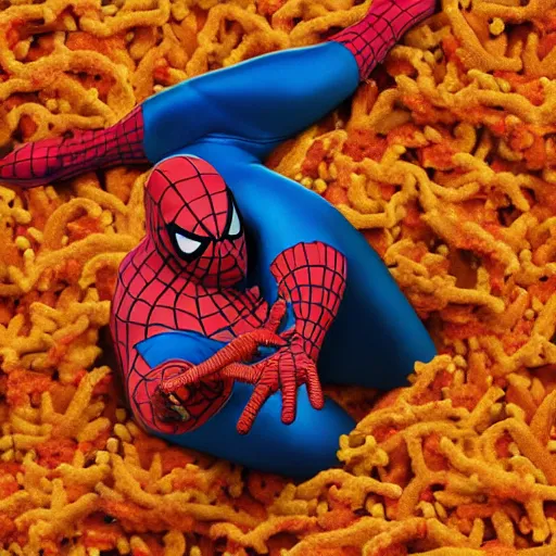 Image similar to morbidly obese spiderman laying on a giant bed of cheetos, 7 0 mm, super high resolution, award winning