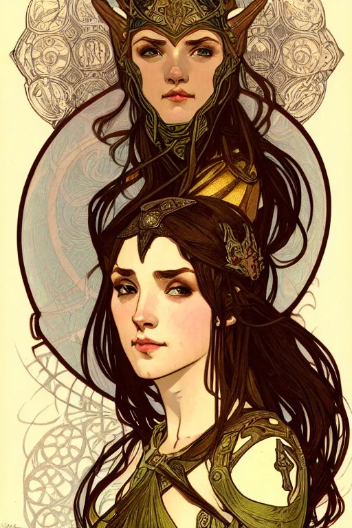 Prompt: head and shoulders portrait of an eldritch knight, elf, beautiful, female, breastplate, magical, high fantasy, d & d, by alphonse mucha, face details, extremely detailed, digital illustration