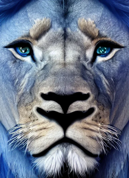 Prompt: a close up of a lion's face with blue eyes, an album cover by jacob toorenvliet, featured on behance, cubo - futurism, rendered in cinema 4 d, sketchfab, rendered in maya