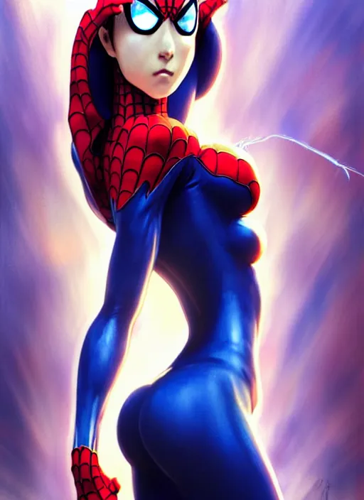 Prompt: full-body portrait Anime spiderman cosplay girl cute-fine-face, pretty face, realistic shaded Perfect face, fine details. Anime. realistic shaded lighting by katsuhiro otomo ghost-in-the-shell, magali villeneuve, artgerm, rutkowski Jeremy Lipkin and Giuseppe Dangelico Pino and Michael Garmash and Rob Rey