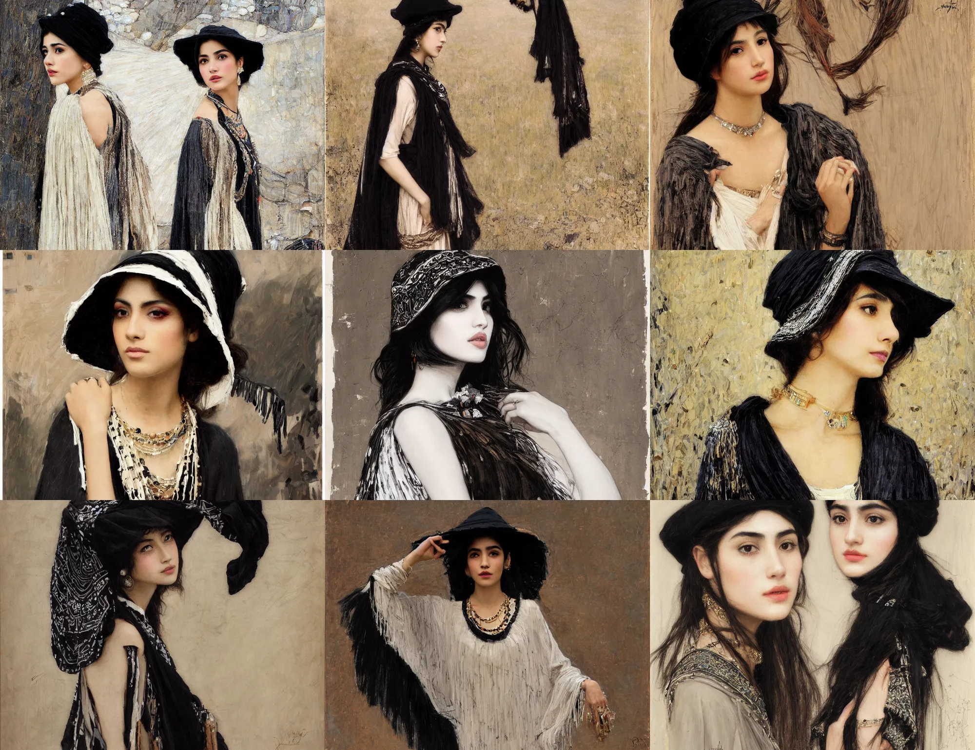 Prompt: profile portrait of single fashionable young iranian asian girl wearing rich jewerly hat and black and white boho poncho standing on extremely strong wind in elegant decollete, dark make up, artistic dramatic cinematic studio light, artwork by john william waterhouse and Denis Sarazhin and klimt and rhads and Dean Ellis and Detmold Charles Maurice