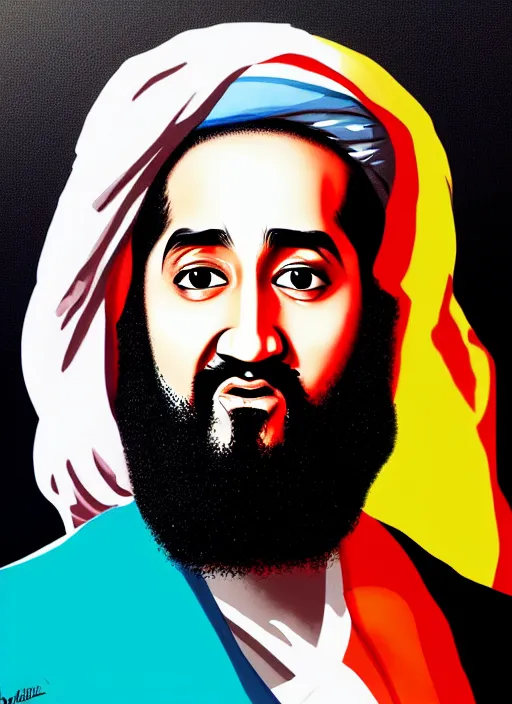 Image similar to bin laden ☦. pop art, no duplicate image, glowing lights, highly detailed, digital painting, artstation, concept art, smooth, sharp focus, illustration, art by richard hamilton and mimmo rottela