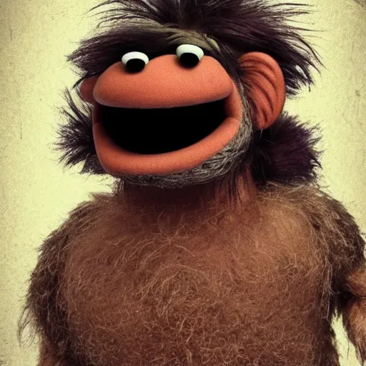 Image similar to a still of a forgotten muppet character looking very manly and modern, hilarious, laughing, hairy chest, huge chin, manly monster tough guy, roughled fur, photo real, photographic, photograph, artstation, trending, featured