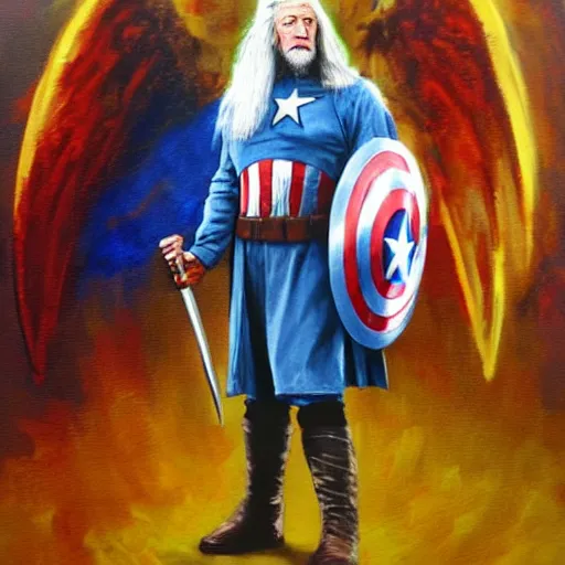 Prompt: gandalf as captain america, painting