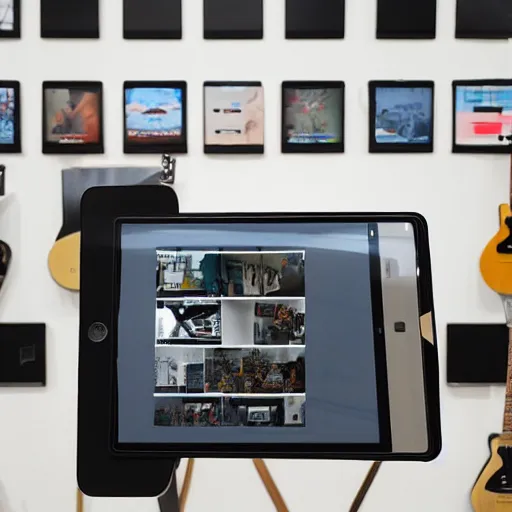 Prompt: a dezeen showroom, archdaily, ignant, photo of teenage enginering ipad guitar by virgil abloh