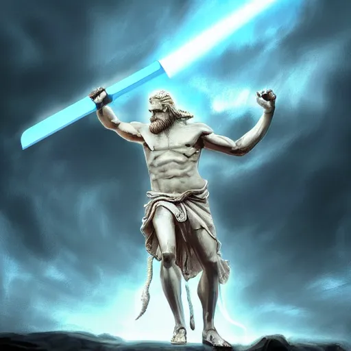 Image similar to Digital painting of Zeus with a lightning sword, hyperdetailed, artstation, terrifying, cinematic lighting, 8k