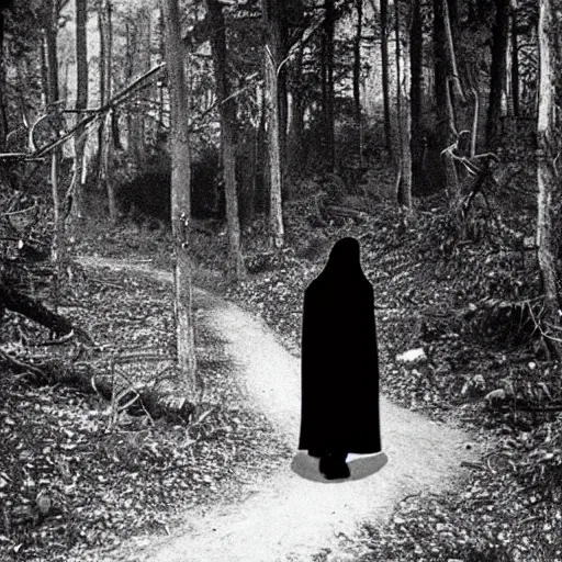 Prompt: old photograph of the grim reaper walking through the forest
