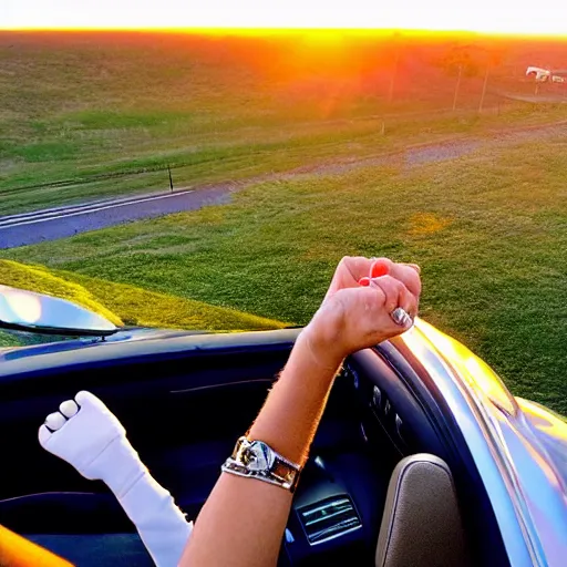 Image similar to birds eye view of convertible, cat homies chilling in car, paws on steering wheel, golden hour, clear sky