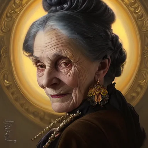 Image similar to portrait painting of an extremely fancy elderly woman with a devious expression, gaslamp fantasy, victorian, ultra realistic, concept art, intricate details, eerie, highly detailed, photorealistic, octane render, 8 k, unreal engine. art by artgerm and greg rutkowski and charlie bowater and magali villeneuve and alphonse mucha